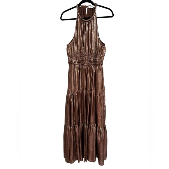 A.L.C. Womens Silk Smocked Tiered Elara Metallic Brown Gold Halter Midi Dress 12 - Picture 2 of 9